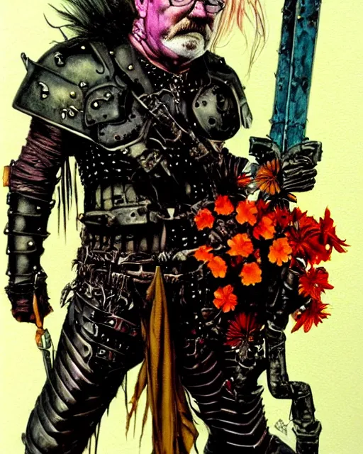 Image similar to portrait of a skinny punk goth wilford brimley wearing armor by simon bisley, john blance, frank frazetta, fantasy, thief warrior, colorful flowers floral