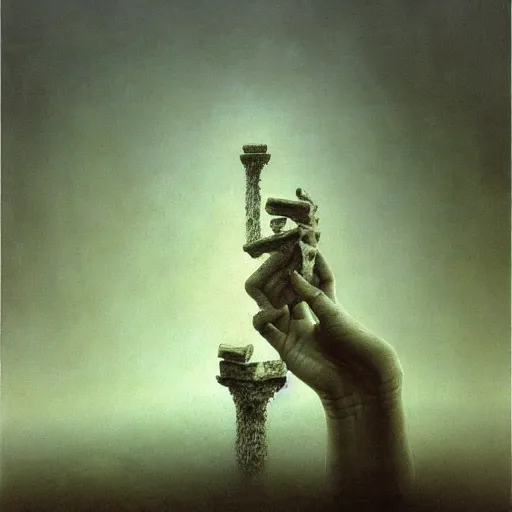 Prompt: arm reaching out of thick fog, marble tablets floating in air, zdzislaw beksinski