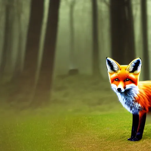 Image similar to photographic render of a fox with foxes on the background of the forest hyperrealistic 8k, very detailed