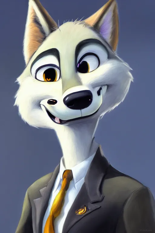 Image similar to oil painting of anthromorphic female wolf, in style of zootopia, female fursona, furry, furaffinity, 4 k, deviantart, furry art, fursona art, wearing black business suit, business suit, wolf fursona, female, smug expression,