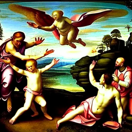 Image similar to renaissance painting of a flying car