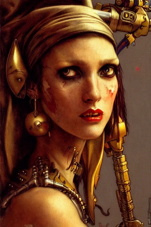 Image similar to full character portrait max mad cyberpunk warhammer 4 0 k, warrior marine the girl with the pearl earring character design, painting by gaston bussiere, katsuya terada, frank frazetta, gerald brom, mucha, tom of finland, trending on artstation