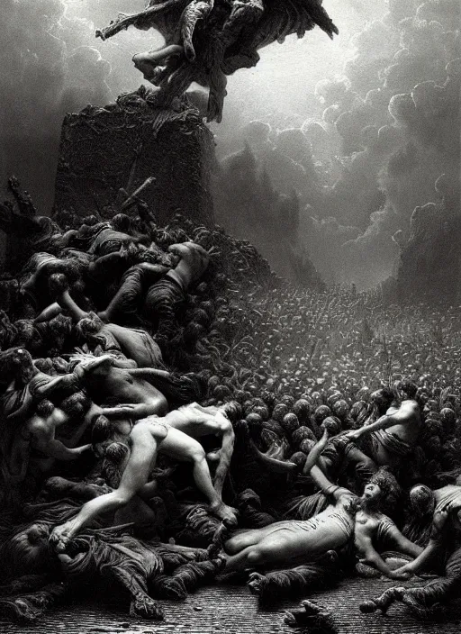 Image similar to pain, epic scene, photorealistic, highly detailed, texture, soft light, dramatic, moody, ambient, painting by gustave dore