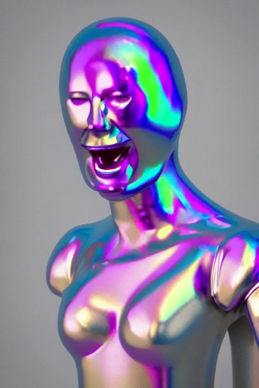 Image similar to 3d render of holographic angry human robotic screaming angry bust made of glossy iridescent, screaming, bust, surrealistic 3d illustration of a human non-binary, non binary model, 3d model human, cryengine, made of holographic texture, holographic material, holographic rainbow, concept of cyborg and artificial intelligence