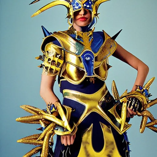 Prompt: a woman in elaborate blue and gold armor with spiked horns on her helmet, cosplay, photoshoot, photograph by Bruce Weber