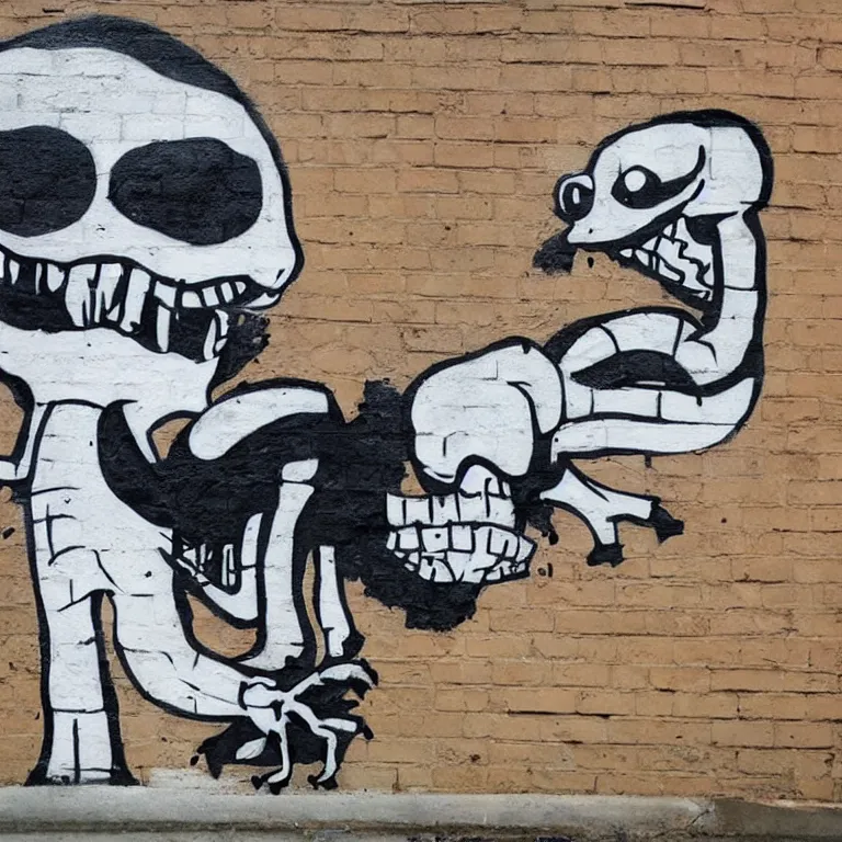 Prompt: Street-art painting of cute tiny crocodile in style of Banksy, comic character, cute skeleton, cartoon style, photorealism
