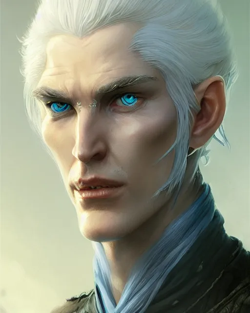 Image similar to character portrait of a slender half - elven man with white hair and piercing blue eyes, by greg rutkowski, mark brookes, jim burns, tom bagshaw, trending on artstation