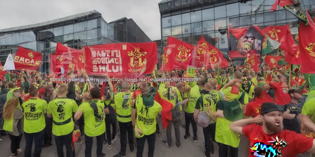 Prompt: # glazersout protests outside old trafford theatre of dreams against the glazers, # glazersout, chaos, protest, banners, placards, burning, pure evil, 8 k, by stephen king, wide angle lens, 1 6 - 3 5 mm, symmetry, cinematic lighting