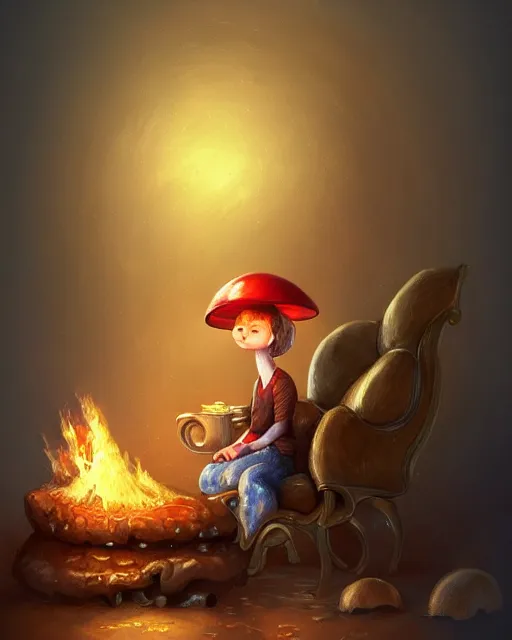 Prompt: portrait of a mushroom sitting in a chair by the fireplace, science fantasy painting, elegant intricate digital painting artstation, art by normal rockwell, detailed