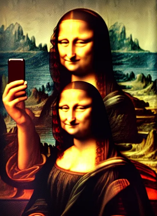 Prompt: oil painting of Mona Lisa holding up an iPhone to take a selfie by Leonardo Da Vinci