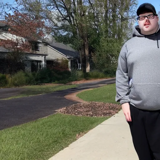 Prompt: Rocco Botte wearing gray sweatshirt and gray sweatpants and gray 👟 standing in a T-pose on a suburban residential street