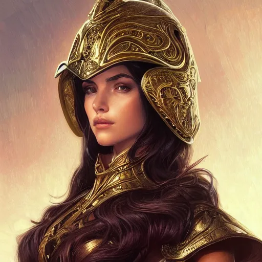 Image similar to an attractive young female wearing an ornate metallic helmet, olive skin, long dark hair, beautiful bone structure, intricate, elegant, highly detailed, digital painting, artstation, concept art, smooth, sharp focus, illustration, art by artgerm and greg rutkowski and alphonse mucha