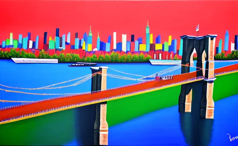 Prompt: a surreal colourful painting of brooklyn bridge on top of kremlin