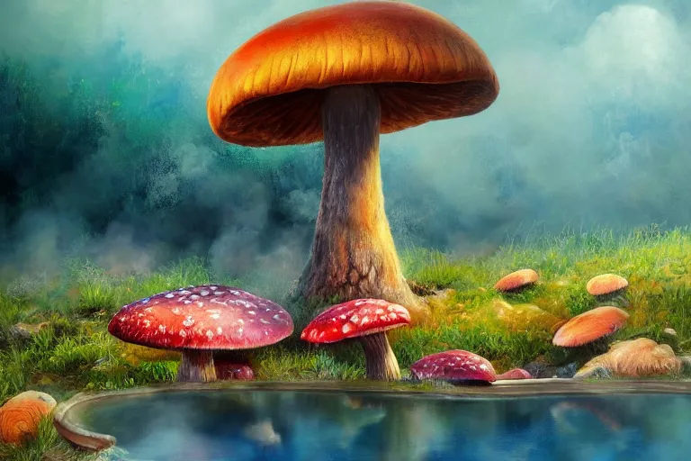 Image similar to highly detailed oil painting of a dinosaur ( ( mushroom ) ) in a steaming colorful hotspring, featured on artstation