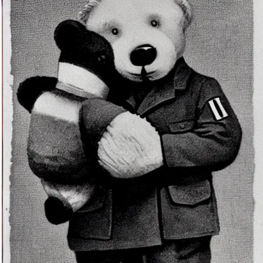 Prompt: hitler holding a teddy bear, propaganda poster