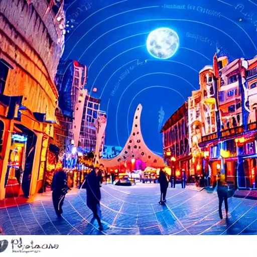 Prompt: princess dancing in the street during the night with a blue and red moon shining on the city, blue and warm lights, radiant light