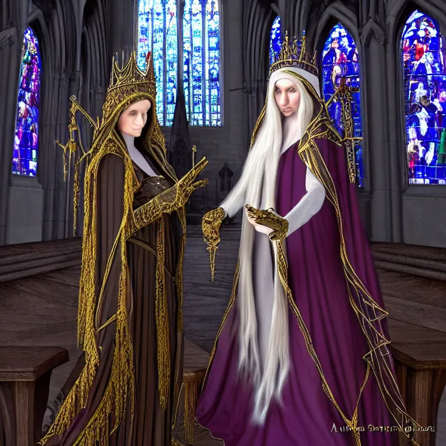 Prompt: an elf queen and ice queen in a gothic church, highly detailed, 4 k, hdr, smooth, sharp focus, high resolution, award - winning photo, close up, illustrated by anne stokes, photorealistic