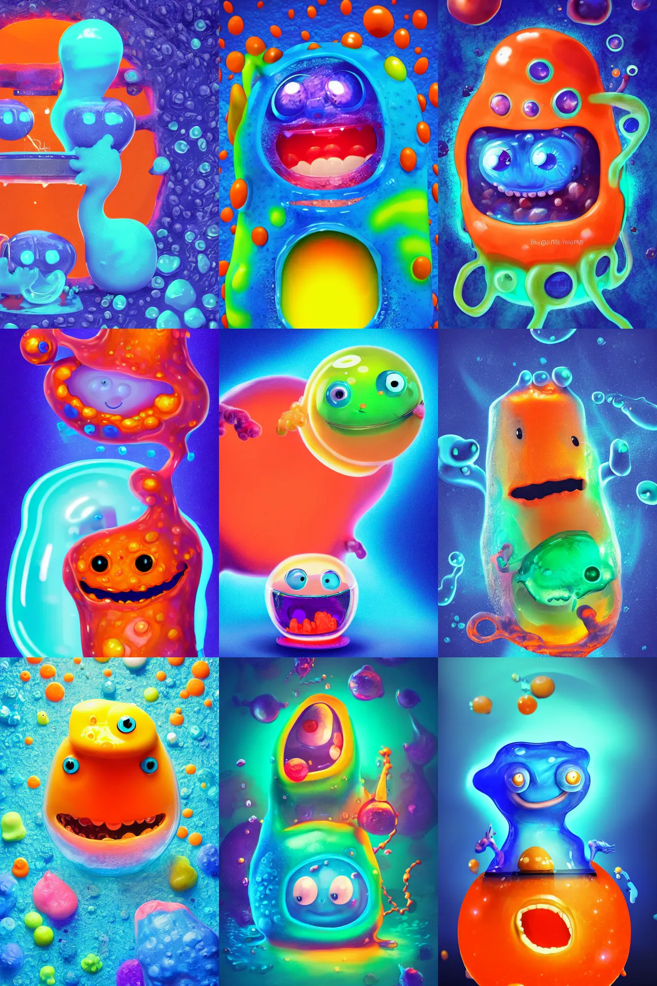 Prompt: a cute gelatinous slime creature is inside of a blue and orange lava lamp. creature is smiling and has big cartooney eyes. monotone background, studio lighting, behance contest winner, detailed funk art, bioluminescence, 4 k.
