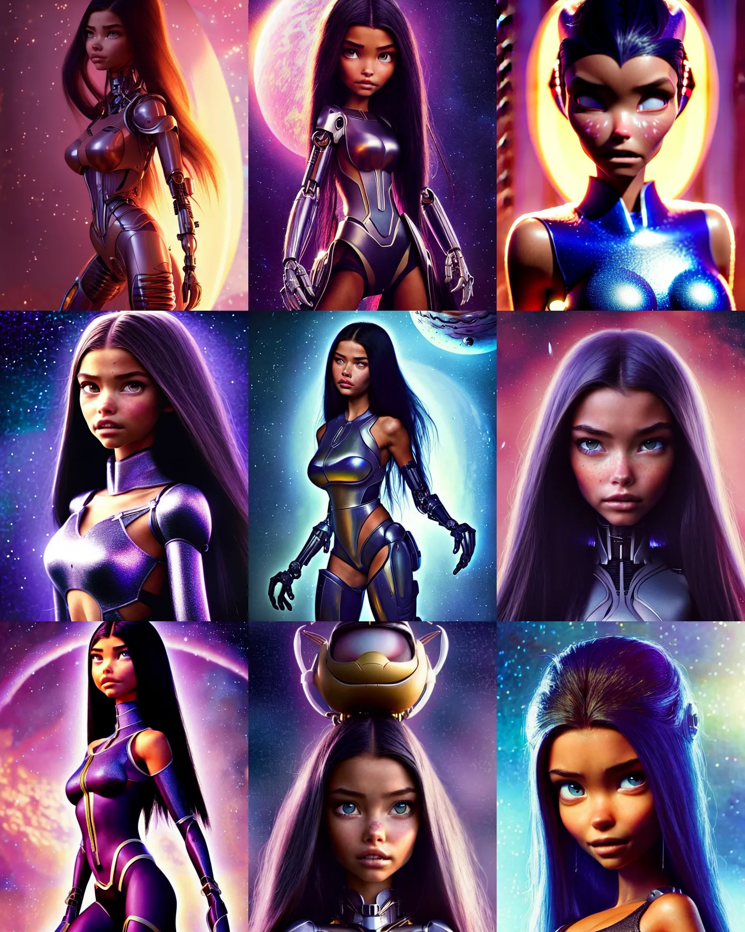 Prompt: weta disney pixar movie still portrait photo of madison beer, adriana lima : : as space cyborg by marvel : : by weta, greg rutkowski, wlop, ilya kuvshinov, rossdraws, artgerm, maxim magazine cover, ever after high, unreal engine, sweaty, glitter, pearlescent, morning, anime, : :