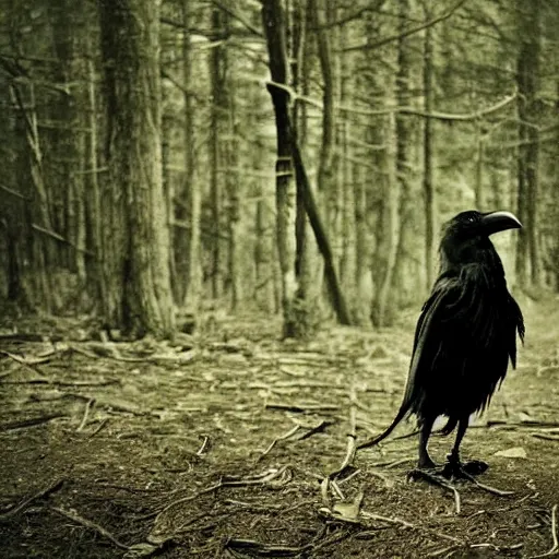 Image similar to werecreature consisting of a crow and a human, werecrow, photograph captured in a dark forest
