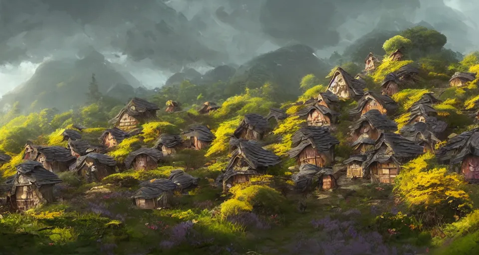 Image similar to beautiful village with japaneese mushroom houses on a mountain slope, realistic concept art, eytan zana, one pixel brush, lavander and yellow color scheme, concept art, trending on artstation