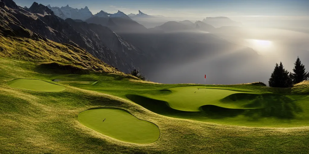 Image similar to a great photograph of the most amazing golf hole in the world, perfect light, over a cliff, in the swiss alps, high above treeline, ambient light, 5 0 mm, golf digest, top 1 0 0, fog