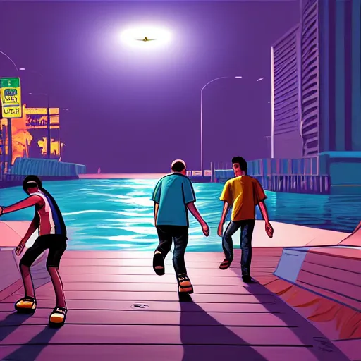 Image similar to skate in ocean. pop punk art, gta liberty city stories style art, no duplicate image, glowing lights, ultra details, digital painting, artstation, concept art, smooth, sharp focus, krita illustration, intricate, art by richard hamilton and mimmo rottela, pixels art by kirokaze and paul robertson - h 7 6 8