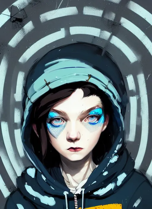 Prompt: highly detailed portrait of a sewer punk lady student, blue eyes, tartan hoodie, white hair by atey ghailan, by greg rutkowski, by greg tocchini, by james gilleard, by joe fenton, by kaethe butcher, gradient blue, black, brown and cream color scheme, grunge aesthetic!!! ( ( graffiti tag wall background ) )