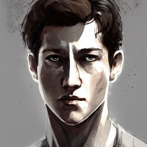 Image similar to portrait of a man by greg rutkowski, he looks like tye sheridan, he is about 2 0 years old, messy brown hair, tired eyes, he is wearing a black and white kevlar superhero suit, highly detailed portrait, digital painting, artstation, concept art, smooth, sharp foccus ilustration, artstation hq