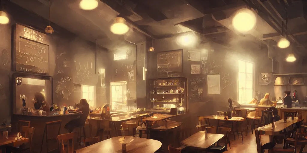 Prompt: Small hipster coffee shop, cozy wallpaper, 4k, volumetric dynamic lighting, motion blur, blur, bokeh, trending on Artstation, award-winning, art by Chris Moore, by Greg Rutkowski