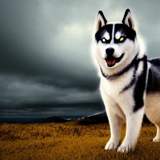 Prompt: a scenic photograph of a husky that has yellow fur. the whole husky is visible in frame. intricate eyes. polar background, ominous sky, meteorites are crashing through the clouds. octane render, extreme detail, super symmetrical photograph, 8 k