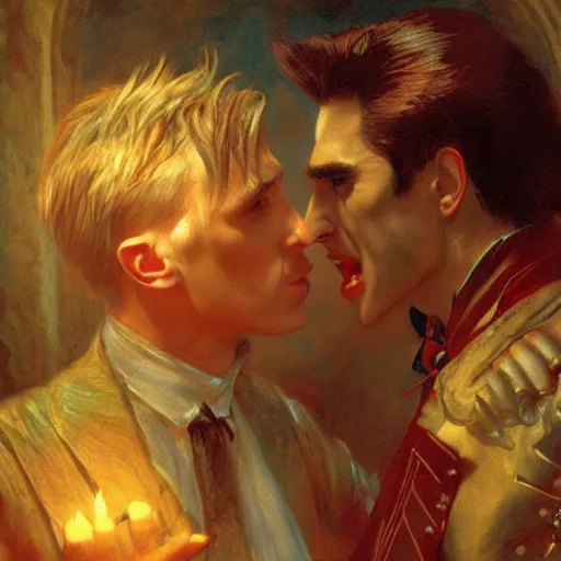 Image similar to attractive male, arthur pendragon confesses his love to attractive male dracula the vampire. highly detailed painting by gaston bussiere, craig mullins, j. c. leyendecker 8 k