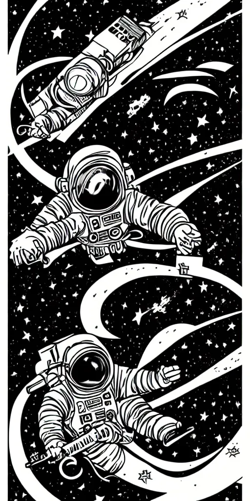 Image similar to full color, mcbess poster , astronaut drifting into a black hole