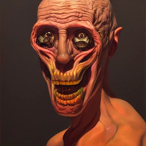 Image similar to Oil painting by Christian Rex Van Minnen of a portrait of an extremely bizarre disturbing mutated man with intense chiaroscuro lighting perfect composition