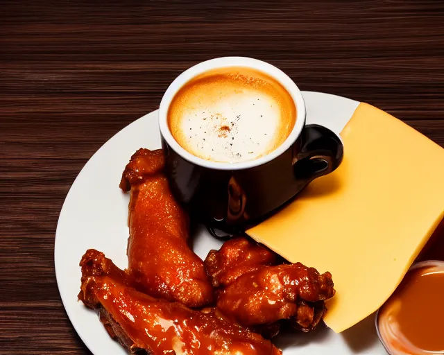 Image similar to hot wings covered in cheese next to a cup of coffee , Cinematic shot, 8k resolution