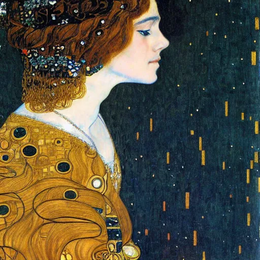 Image similar to A woman in side profile with long hair, and a flowing dress, by Gustav Klimt, gold leaf, ornate, highly detailed, intriquite gold background, sorrowful expression