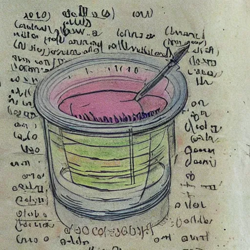 Image similar to a sketch in an old book, of a rainbow potion recipe, ancient language