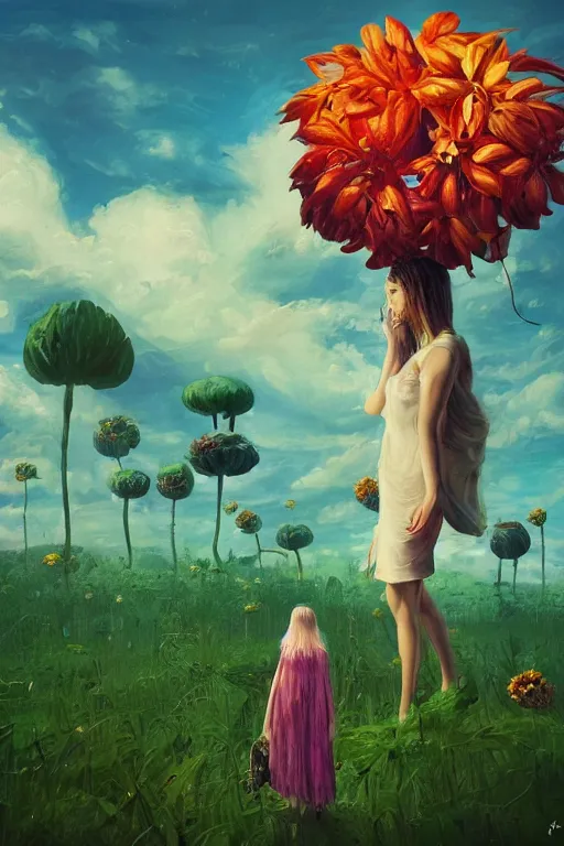 Prompt: closeup, giant flower as a head, girl surrounded by monsteras, surreal photography, wind and cold, dramatic sky, impressionist painting, digital painting, artstation, simon stalenhag