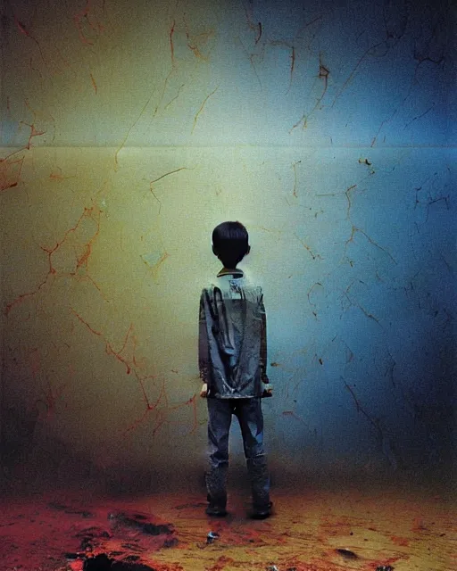 Image similar to 8k professional photo of an 8 years old boy standing in front of a computer from 90s monitor screen, Beksinski impasto painting, part by Adrian Ghenie and Gerhard Richter. art by Takato Yamamoto, masterpiece