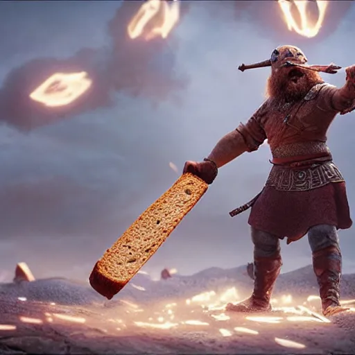 Prompt: viking battle toast, a slice of toasted bread with a face, arms and legs, holding a sword, cute, pixar, volumetric lighting, dynamic composition, fantasy, hyper detailed, ultra realistic, sharp focus, octane render, concept art by ruan jia and heng z and artem