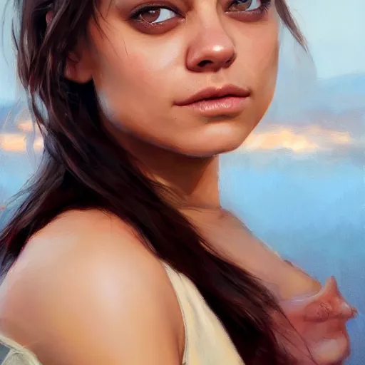 Image similar to winking mila kunis closeup portrait, dramatic light, lake background, 2 0 0 mm focal length, painted by stanley lau, painted by greg rutkowski, painted by stanley artgerm, digital art, trending on artstation