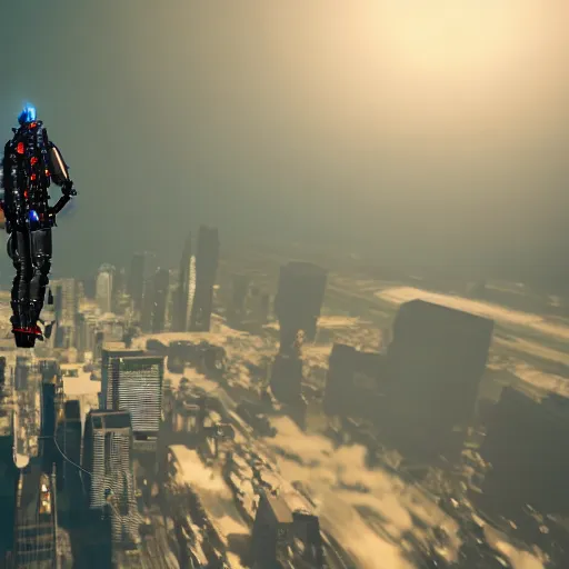 Prompt: man on a jetpack with springs instead of legs, cyberpunk, 4k,