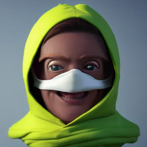 Prompt: a highly detailed, portrait of a character in a lime-colored hood with a round white mask with a smile, DeviantArt, professional, octane render, sunset lighting