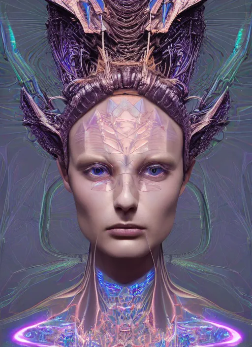 Image similar to a hybrid humanoid androgyne muse with recursive horned wing crown attached to side of head, concept art, alien-like, sculpted iridescent optical mineralogy features, intricate detail, holographic, pixel sorting, style by James Jean, circuitry, organic detail, asymmetry, cinematic, epic wide shot, ultra detailed, artstation, sharp focus,smooth, cinematic lighting, cinematic detail, composition, photorealistic, render in unreal engine 5, golden ratio, 8k render