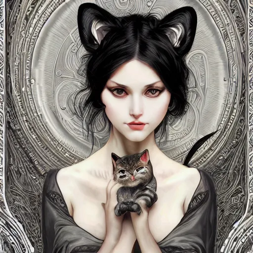 Image similar to a photograpic portrait of a anthropomorphic cat wearing black clothes, black hair, grey skin, grey mouse ears, fantasy, intricate, elegant, highly detailed, digital painting, artstation, smooth, sharp focus, illustration, art by artgerm and H R Giger and alphonse mucha