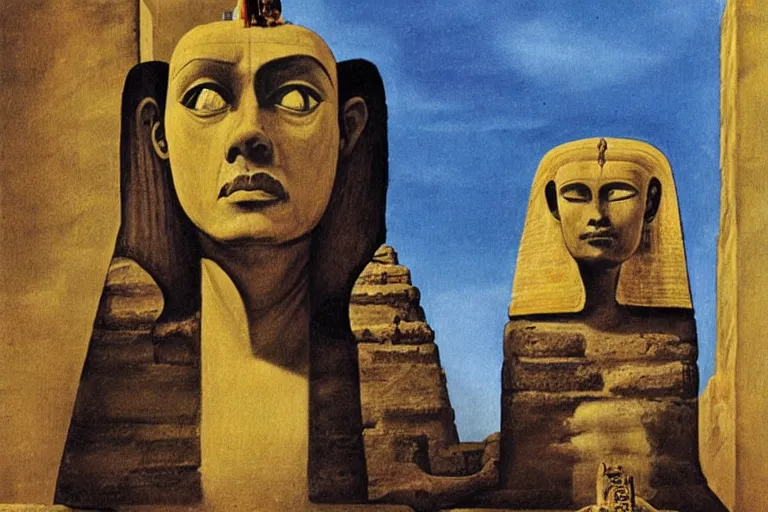 Prompt: john cleese as the sphinx, the sphinx with the head of john cleese, young john cleese's head on the sphinx, painting by salvador dali