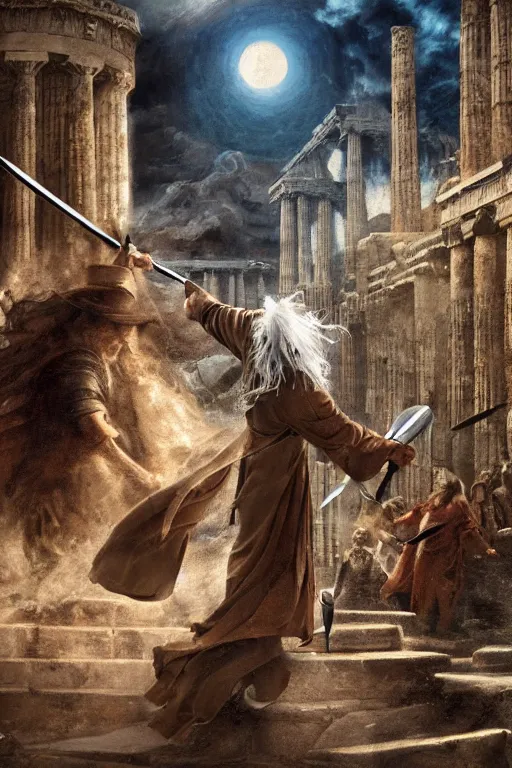 Image similar to gandalf attacks ancient athens, oil on canvas, intricate, 8 k highly professionally detailed, hdr, cgsociety