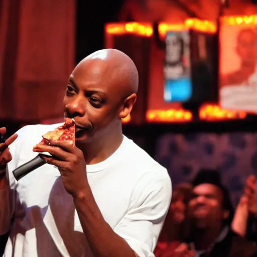 Prompt: dave chapelle biting into a slice of pizza at on stage at a comedy club