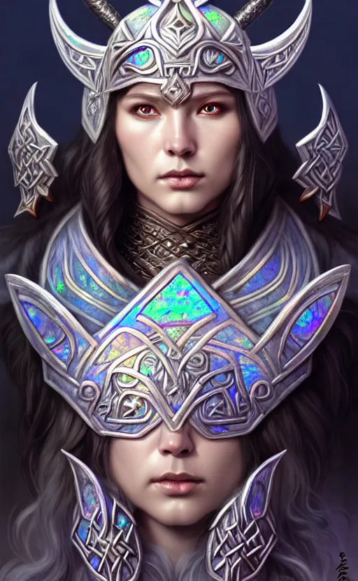 Image similar to iridescent opal viking warrior, wolf armor, winter, morandi color scheme, hd, illustration, epic, d & d, fantasy, intricate, elegant, highly detailed, wide angle, digital painting, artstation, concept art, smooth, sharp focus, illustration, wallpaper, art by artgerm and greg rutkowski and alphonse mucha and jin xiaodi