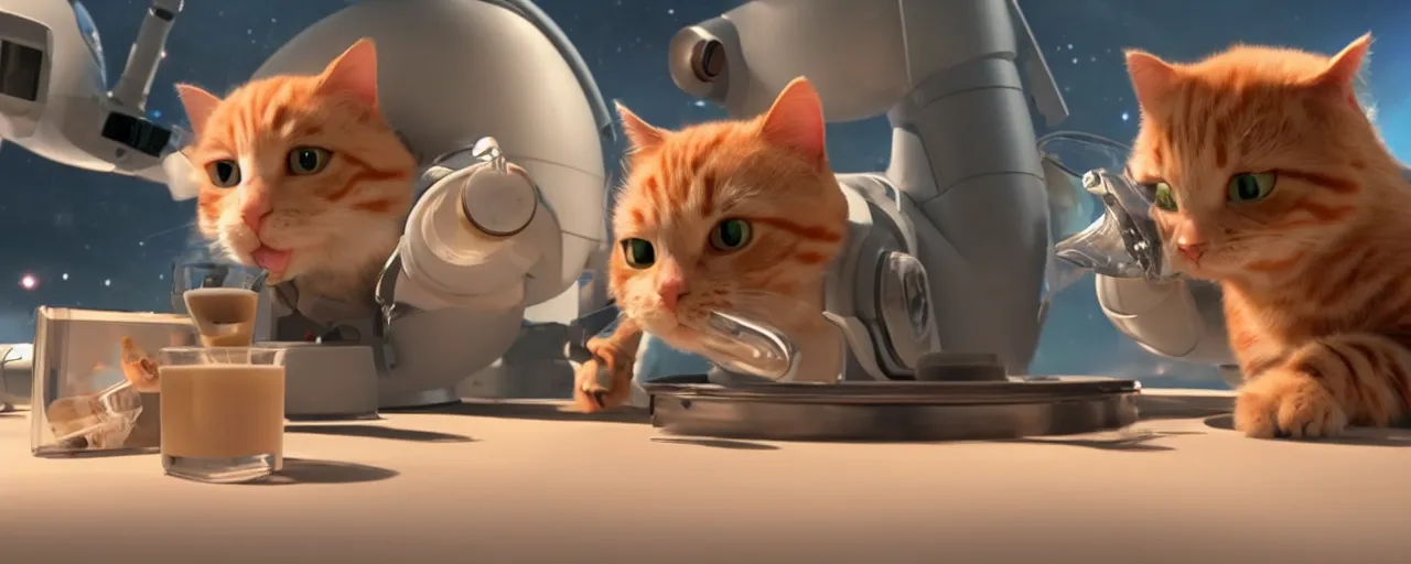 Prompt: Film still of a distant cat drinking milk on a space ship with robots in a Pixar movie, high octane render, year 3000